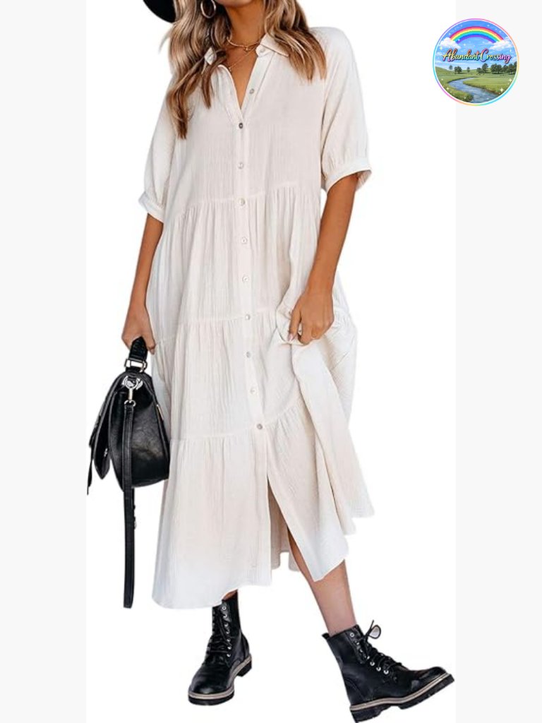 Women's Cotton Half Sleeve Button Down Casual Midi Dress With Pockets